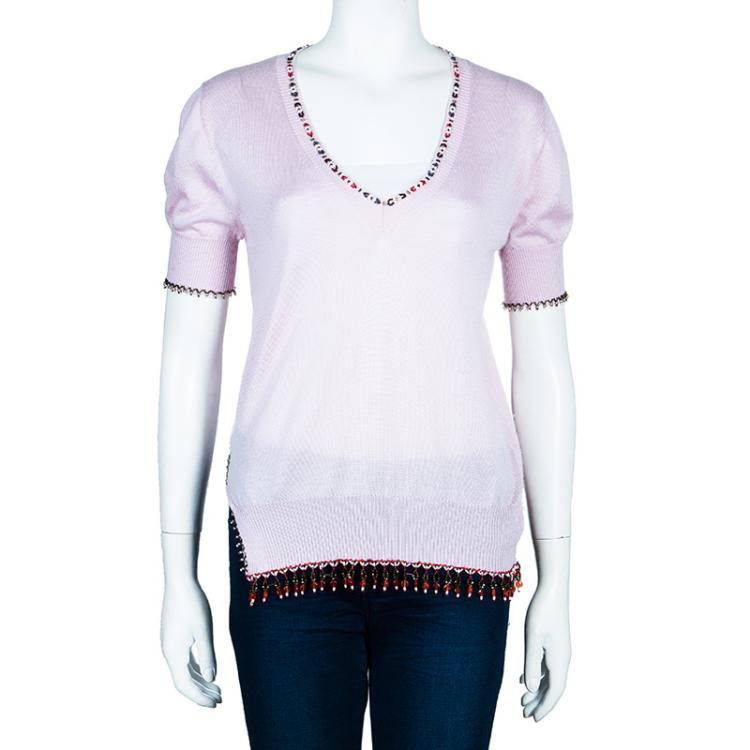 Pre Owned Louis Vuitton Embellished Pink Short Sleeve Sweater S