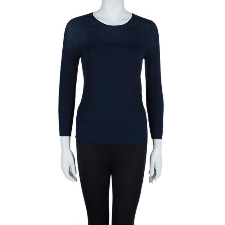 Pre Owned Louis Vuitton Navy Blue Long Sleeve Knit Top XS