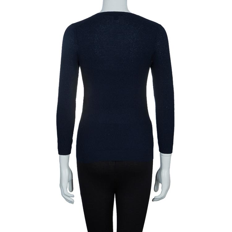Pre Owned Louis Vuitton Navy Blue Long Sleeve Knit Top XS