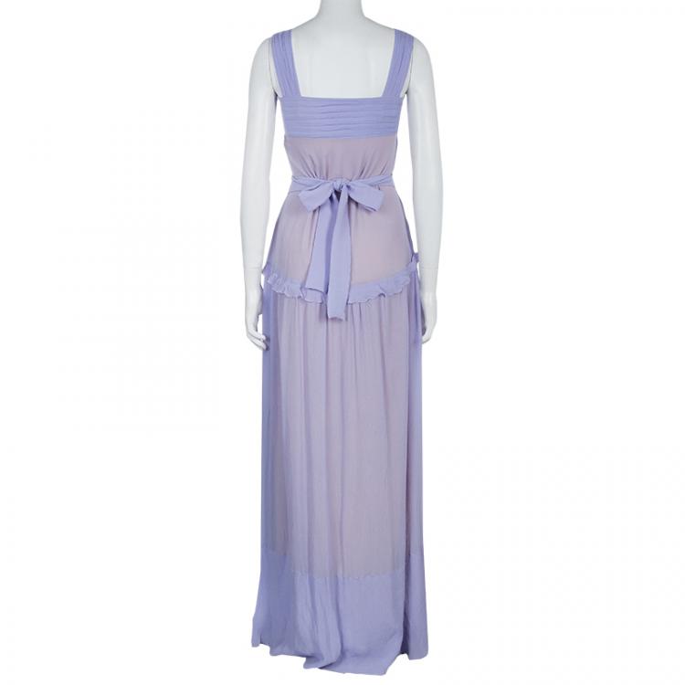 Pre Owned Louis Vuitton Purple Crinkled Silk Belted Maxi Dress S
