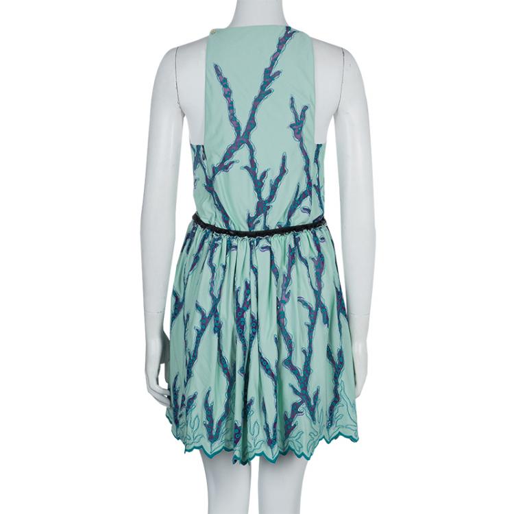 Pre Owned Louis Vuitton Mint Green Embroidered Scalloped Hem Sleeveless Dress M