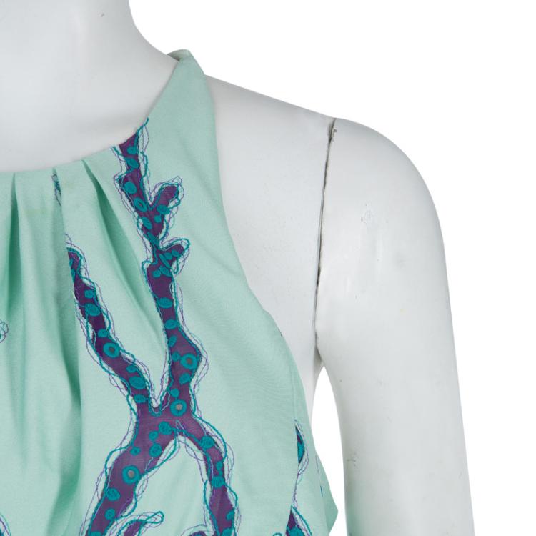 Pre Owned Louis Vuitton Mint Green Embroidered Scalloped Hem Sleeveless Dress M