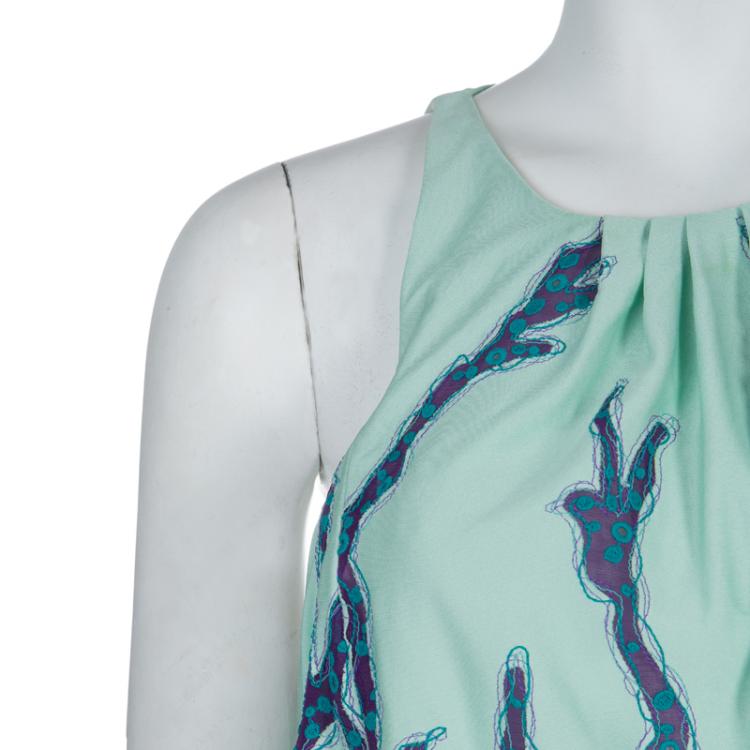Pre Owned Louis Vuitton Mint Green Embroidered Scalloped Hem Sleeveless Dress M
