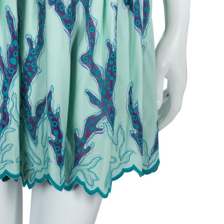 Pre Owned Louis Vuitton Mint Green Embroidered Scalloped Hem Sleeveless Dress M