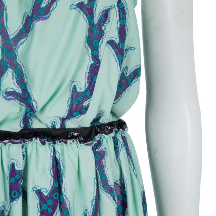 Pre Owned Louis Vuitton Mint Green Embroidered Scalloped Hem Sleeveless Dress M