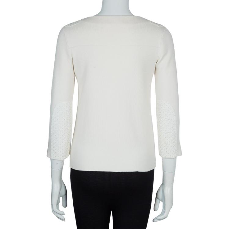 Pre Owned Louis Vuitton White Eyelet Patch Sweater S