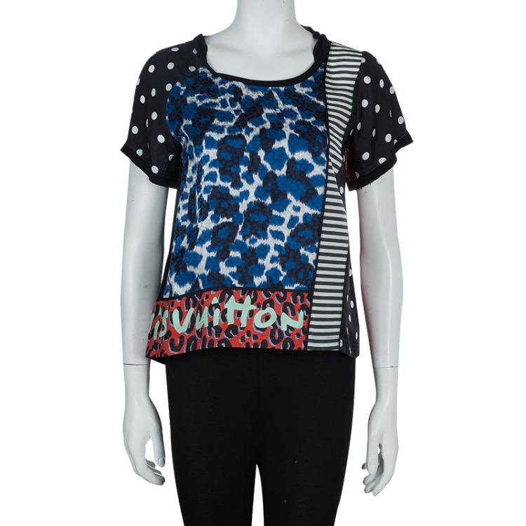 Pre Owned Louis Vuitton Multicolor Print Paneled Short Sleeve Silk Top S