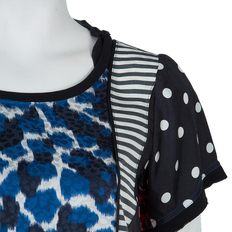 Pre Owned Louis Vuitton Multicolor Print Paneled Short Sleeve Silk Top S