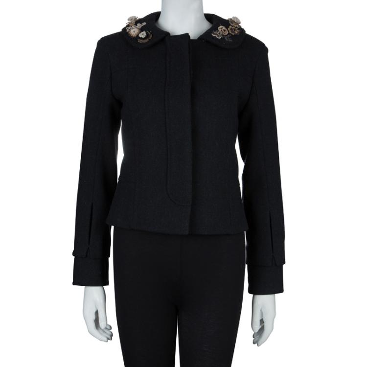 Pre Owned Louis Vuitton Black Wool Beaded Floral Applique Collar Detail Jacket S