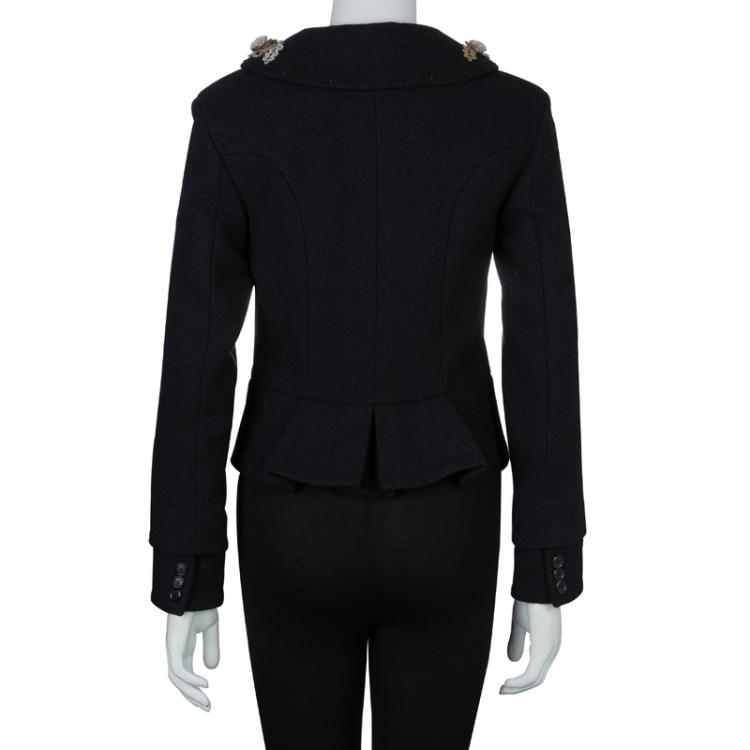 Pre Owned Louis Vuitton Black Wool Beaded Floral Applique Collar Detail Jacket S