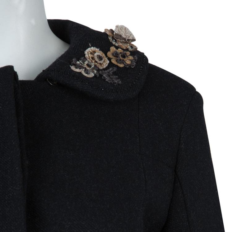 Pre Owned Louis Vuitton Black Wool Beaded Floral Applique Collar Detail Jacket S