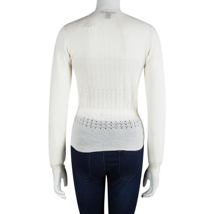 Pre Owned Louis Vuitton Cream Cashmere Perforated Belted Cardigan M
