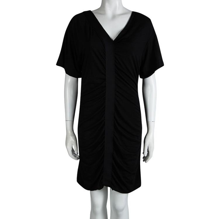Pre Owned Louis Vuitton Black Knit Ruched Short Sleeve Dress L