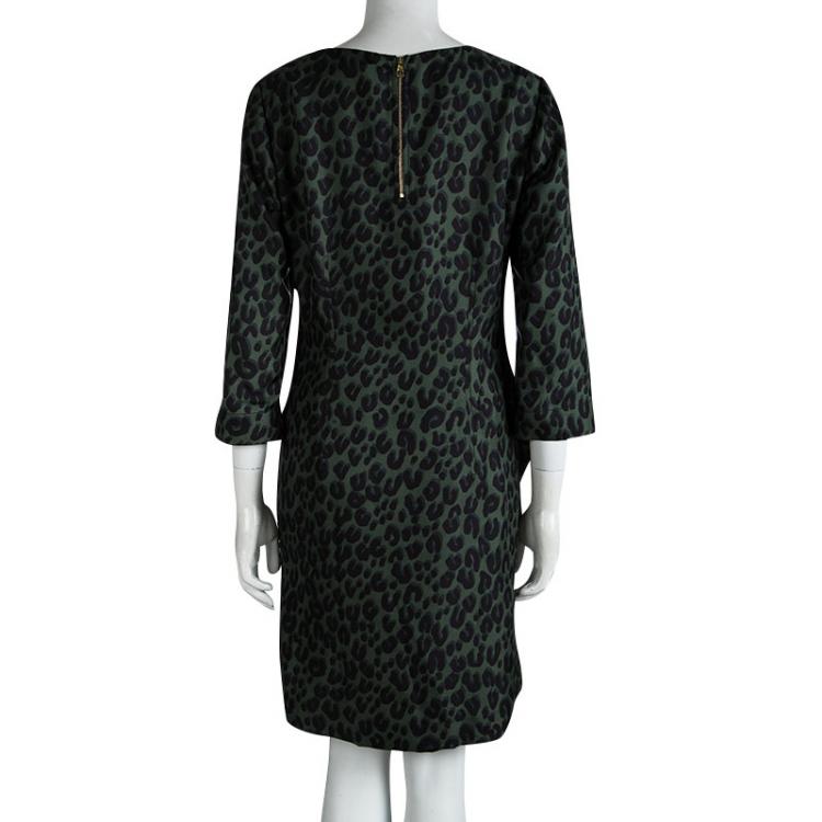 Pre Owned Louis Vuitton Olive Green Leopard Printed Silk Ruched Dress M