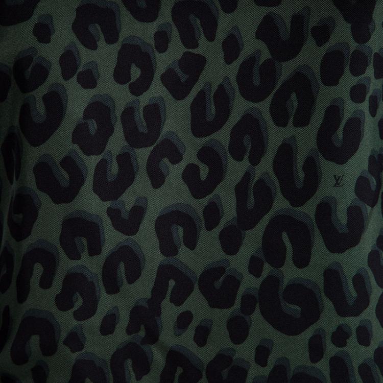 Pre Owned Louis Vuitton Olive Green Leopard Printed Silk Ruched Dress M