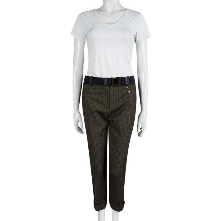 Pre Owned Louis Vuitton Brown Textured Contrast Striped Belted Trousers M