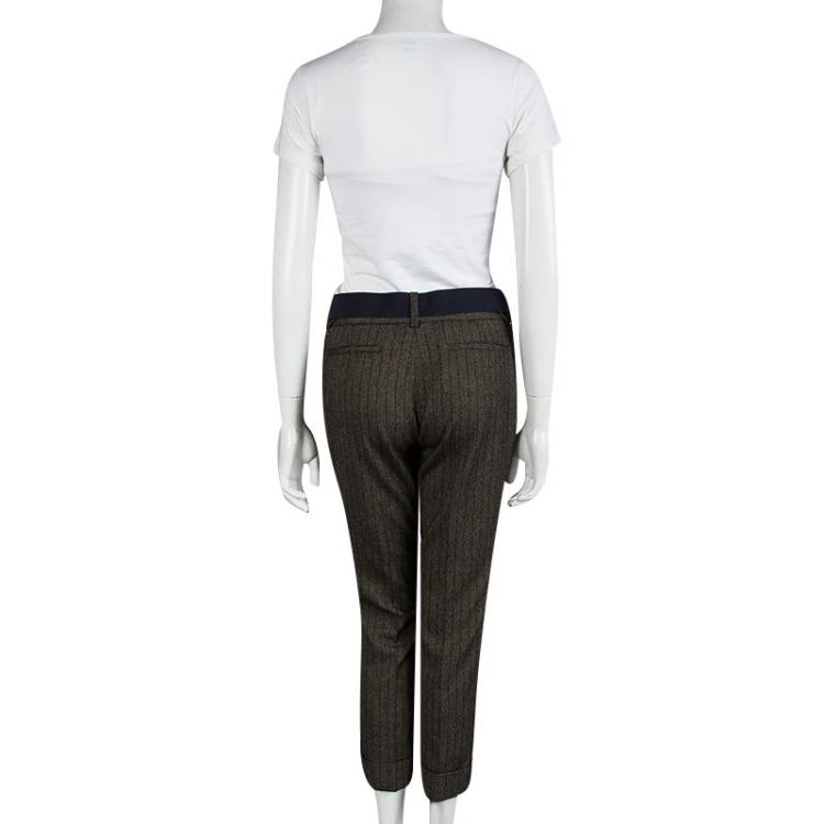 Pre Owned Louis Vuitton Brown Textured Contrast Striped Belted Trousers M