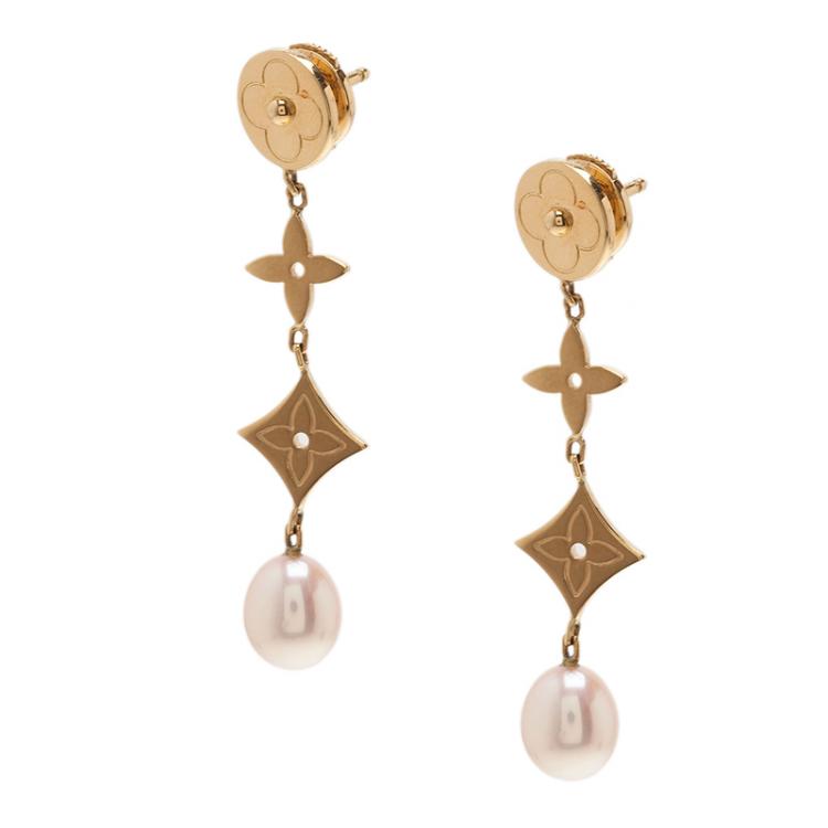 Pre Owned Louis Vuitton Pearl Monogram Earrings 18K Yellow Gold