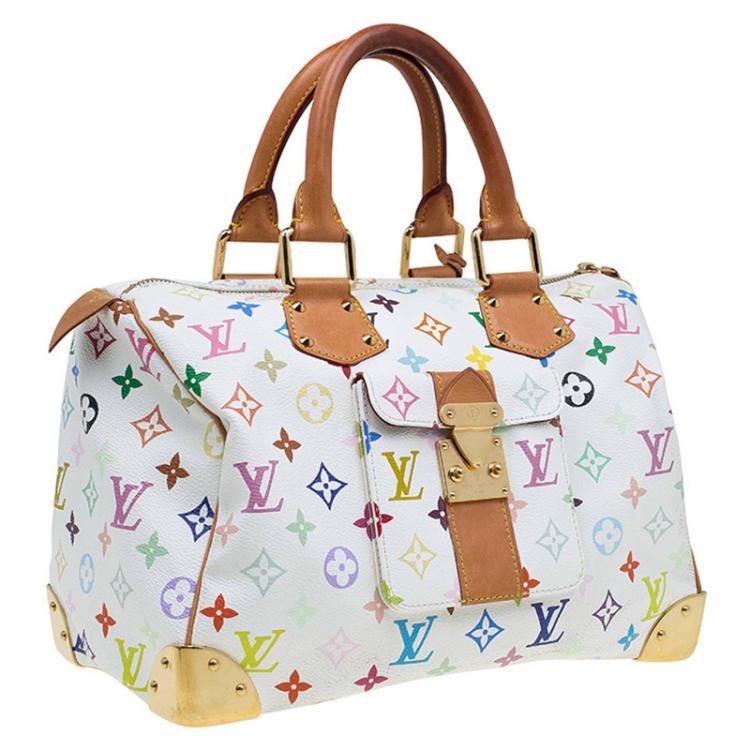 Pre Owned Louis Vuitton White Multicolor Monogram Canvas Speedy 30 Bag