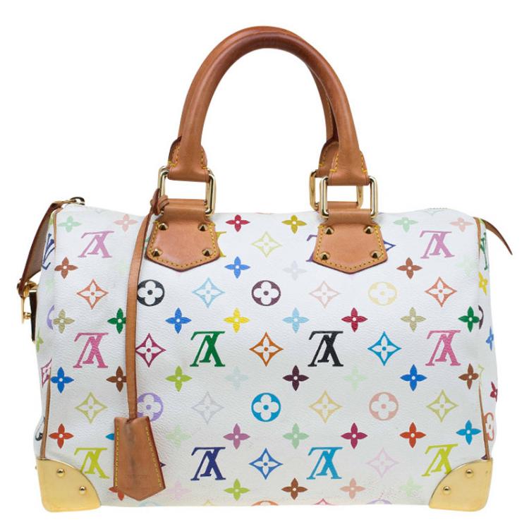 Pre Owned Louis Vuitton White Multicolor Monogram Canvas Speedy 30 Bag