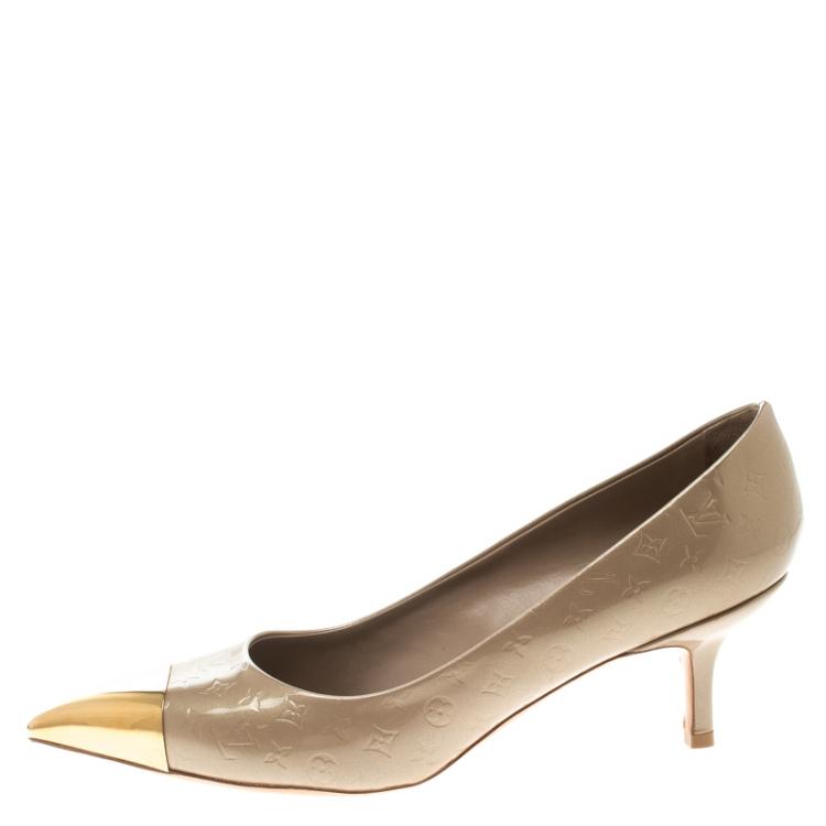 Louis Vuitton Peep Toe Suede Pumps Eyeline 37.5 Gold Heel