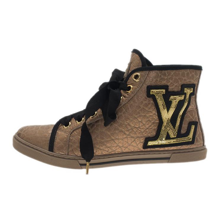 Louis Vuitton Gold Embossed Leather High Top Sneakers Size 37.5