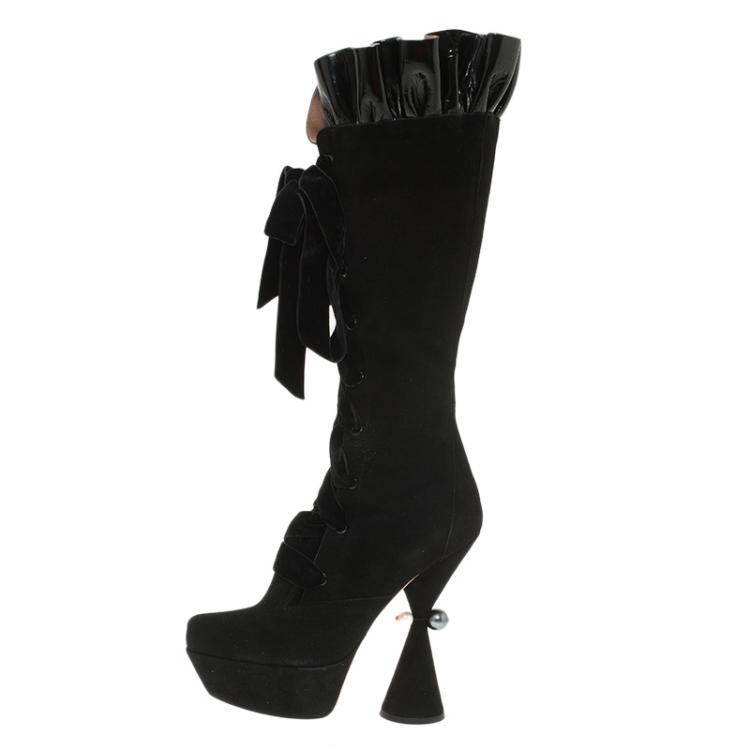 Louis Vuitton Black Suede and Patent Ruffle Cancan Velvet Lace Up