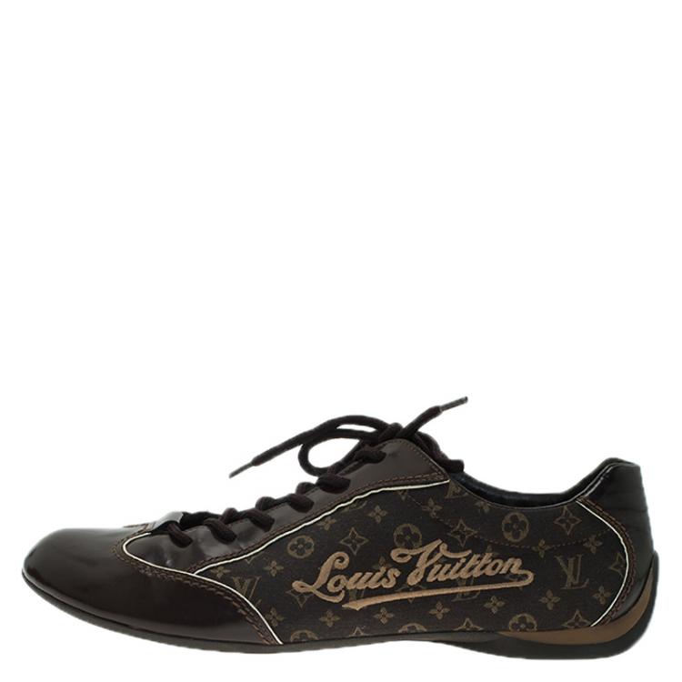 Pre Owned Louis Vuitton Brown Leather and Mini Lin Monogram Canvas Sneakers Size 39.5