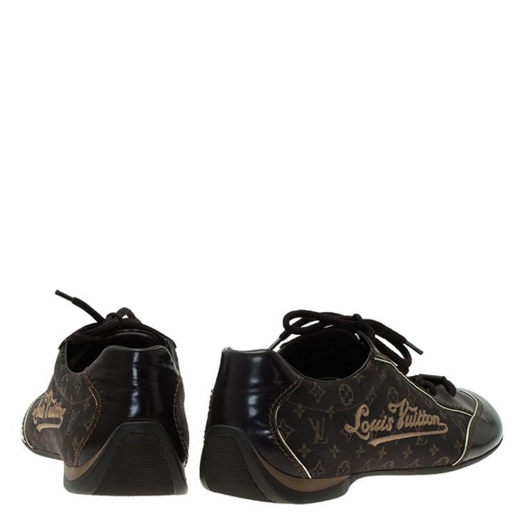 Pre Owned Louis Vuitton Brown Leather and Mini Lin Monogram Canvas Sneakers Size 39.5
