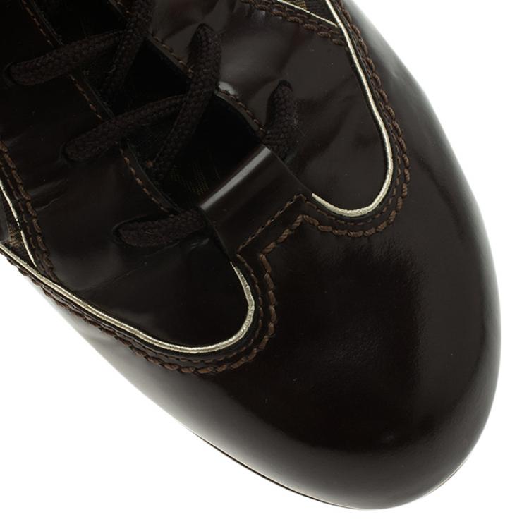 Pre Owned Louis Vuitton Brown Leather and Mini Lin Monogram Canvas Sneakers Size 39.5