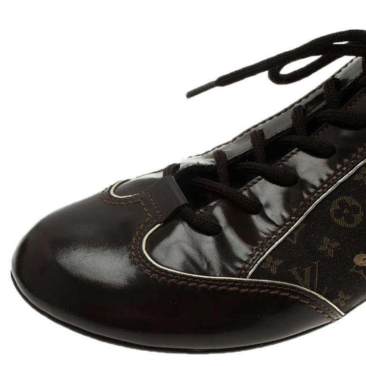 Pre Owned Louis Vuitton Brown Leather and Mini Lin Monogram Canvas Sneakers Size 39.5