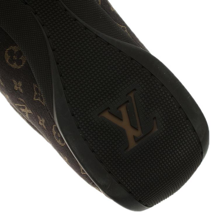 Pre Owned Louis Vuitton Brown Leather and Mini Lin Monogram Canvas Sneakers Size 39.5