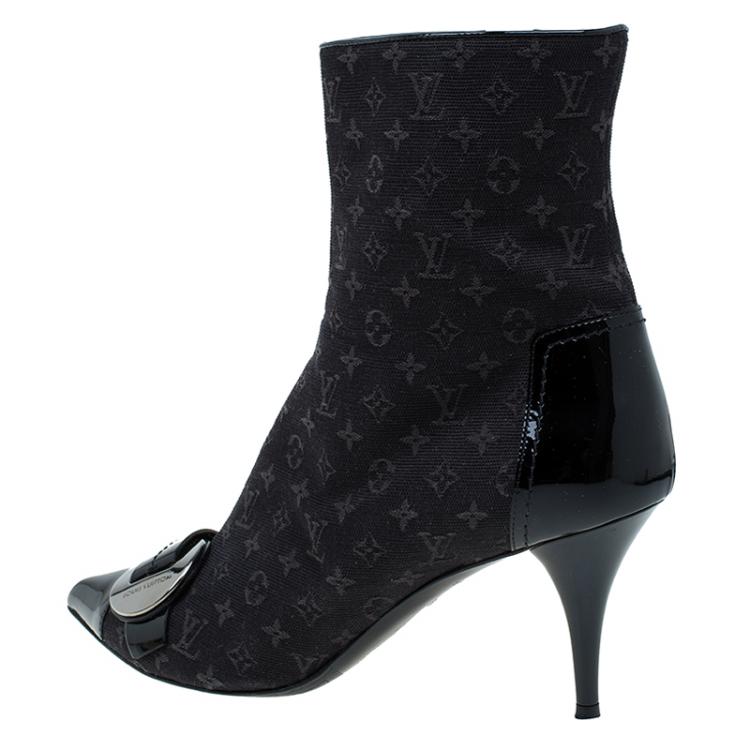 Pre Owned Louis Vuitton Black Monogram Idylle Buckle Ankle Boots Size 37.5