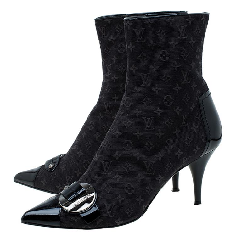 Pre Owned Louis Vuitton Black Monogram Idylle Buckle Ankle Boots Size 37.5