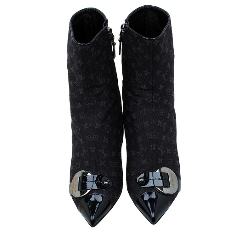 Pre Owned Louis Vuitton Black Monogram Idylle Buckle Ankle Boots Size 37.5