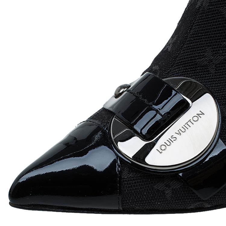 Pre Owned Louis Vuitton Black Monogram Idylle Buckle Ankle Boots Size 37.5