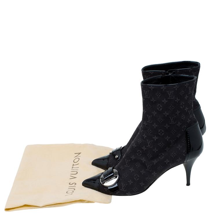 Pre Owned Louis Vuitton Black Monogram Idylle Buckle Ankle Boots Size 37.5