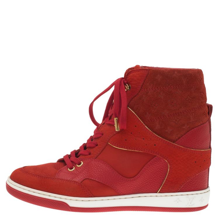 Louis Vuitton Red Monogram Suede and Leather High Top Sneakers Size 36.5