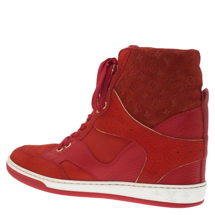 Pre Owned Louis Vuitton Red Leather and Suede Cliff Top Sneakers Size 37