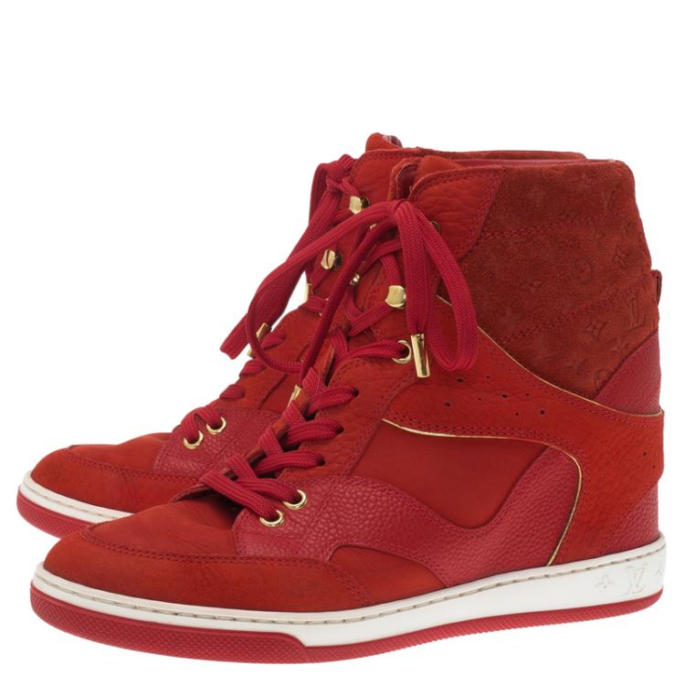 Pre Owned Louis Vuitton Red Leather and Suede Cliff Top Sneakers Size 37