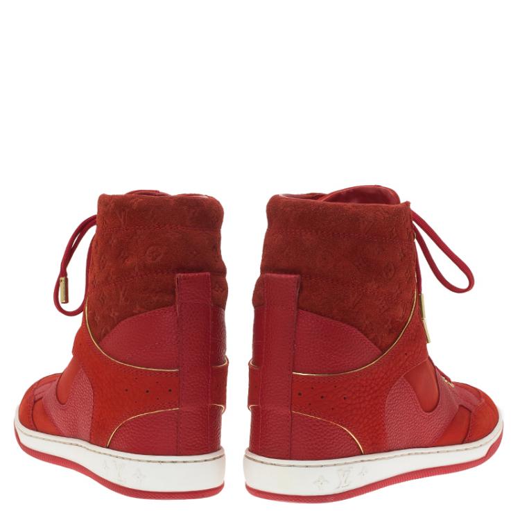 Pre Owned Louis Vuitton Red Leather and Suede Cliff Top Sneakers Size 37