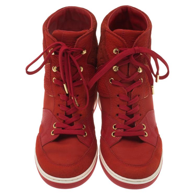 Pre Owned Louis Vuitton Red Leather and Suede Cliff Top Sneakers Size 37