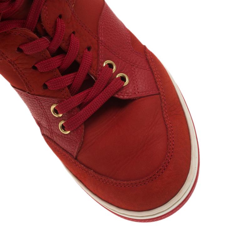 Pre Owned Louis Vuitton Red Leather and Suede Cliff Top Sneakers Size 37