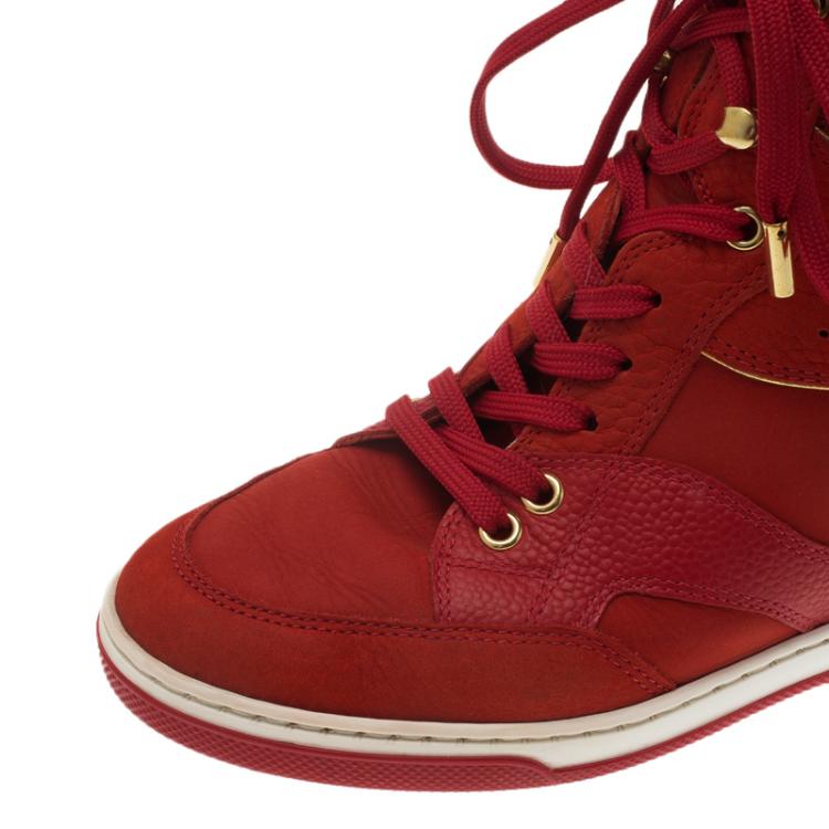 Pre Owned Louis Vuitton Red Leather and Suede Cliff Top Sneakers Size 37