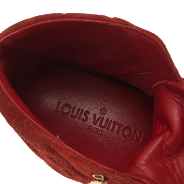 Pre Owned Louis Vuitton Red Leather and Suede Cliff Top Sneakers Size 37