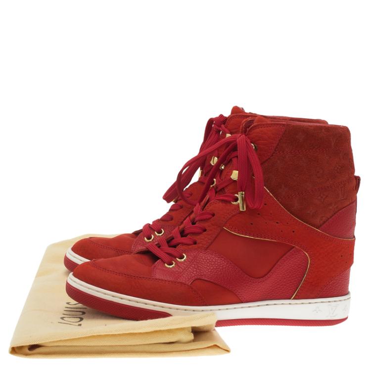 Pre Owned Louis Vuitton Red Leather and Suede Cliff Top Sneakers Size 37