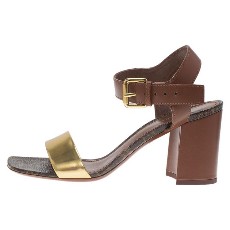 Louis Vuitton Gold and Brown Leather Bloom Sandals Size 38.5 Louis Vuitton