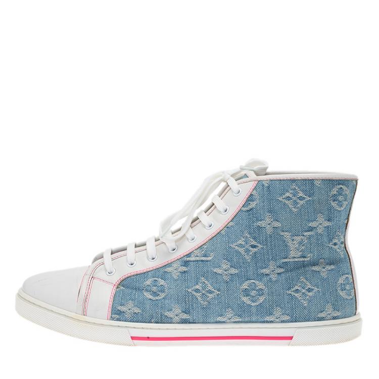 Louis Vuitton White Leather and Monogram Denim High Top Sneakers Size 38.5 Louis  Vuitton