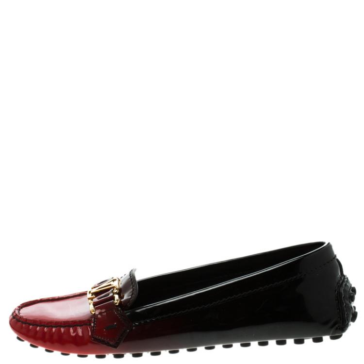 Pre Owned Louis Vuitton Black And Red Gradient Patent Leather Oxford Loafers Size 37