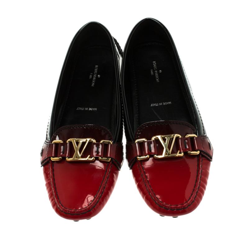 Pre Owned Louis Vuitton Black And Red Gradient Patent Leather Oxford Loafers Size 37